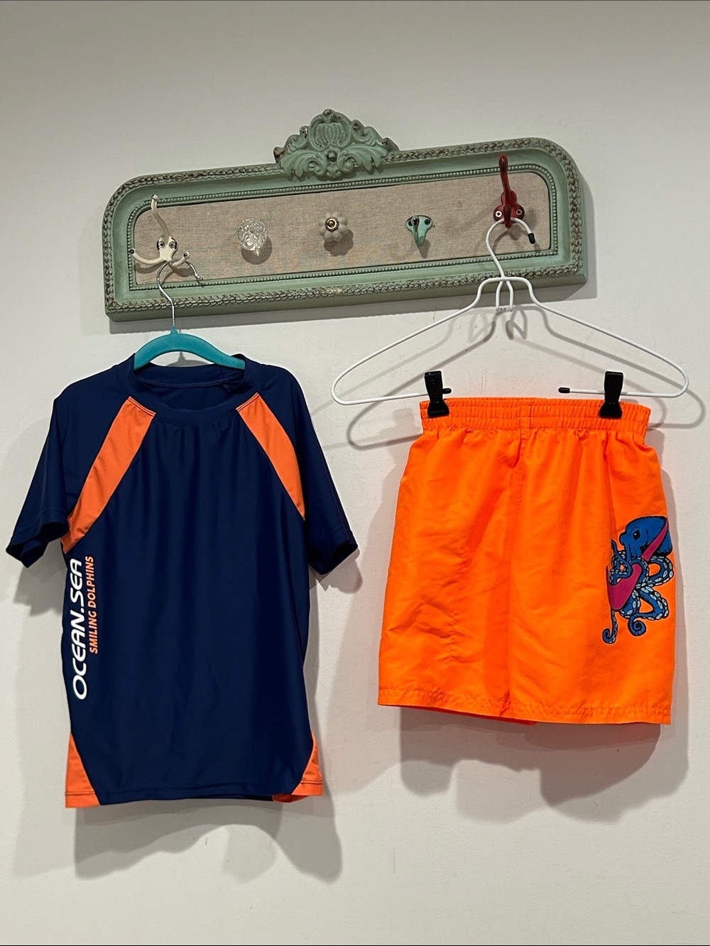 Kids' Navy & Orange neon Rash Guard swim Set boys size 7 Nike octopus swoosh